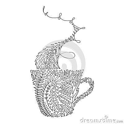 Coffee / tea cup tangled illustration for adult coloring books Vector Illustration