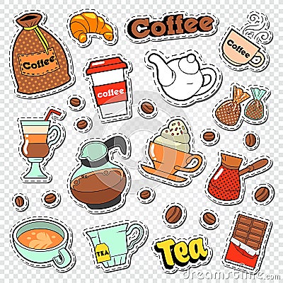 Coffee and Tea Doodle. Hot Drinks with Sweet Food Stickers, Patches and Badges Vector Illustration