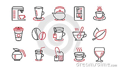 Coffee and Tea line icons. Cappuccino, Teapot and Coffeepot. Linear icon set. Vector Vector Illustration