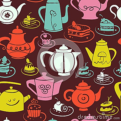 Coffee and tea seamless pattern. Set of sweet cakes and teapots icons Vector Illustration