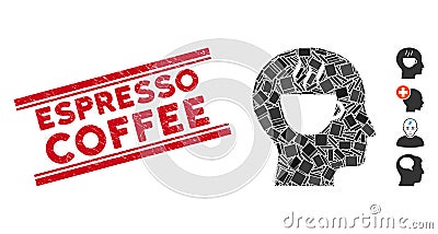 Coffee Thinking Mosaic and Distress Espresso Coffee Stamp Seal with Lines Vector Illustration