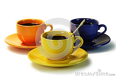 Three color coffee cups on white background Stock Photo