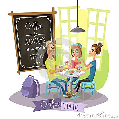 Coffee Time Design Concept With Hipsters Vector Illustration