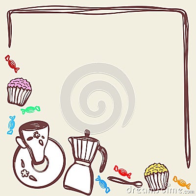 Coffee time items in frame with text space. coffee maker, spoon, cup, candies, cupcakes. card design. vector Vector Illustration