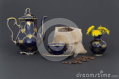 Coffee time still life with beautiful cobalt blue vintage porcelain set Stock Photo