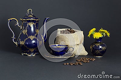 Coffee time still life with beautiful cobalt blue vintage porcelain set Stock Photo