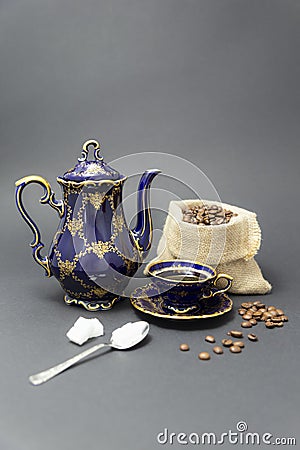 Coffee time still life with beautiful cobalt blue vintage porcelain set Stock Photo