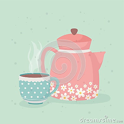 Coffee time and tea cup and kettle fresh beverage Vector Illustration