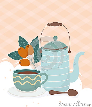 Coffee time, teapot coffee cup spoon seeds fresh beverage Vector Illustration