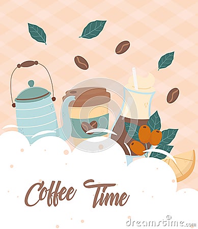 Coffee time, teapot takeaway cup lemon fresh beverage Vector Illustration