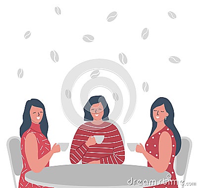 Coffee time. Three girls in the cafe. Young women are sitting at the table and drinking coffee Vector Illustration