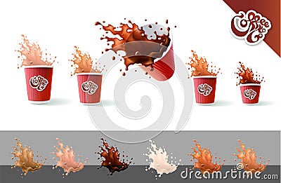Coffee To Go. Coffee and Milk. Red Ripple Cups and Splashes Isolated on a White Background Vector Illustration