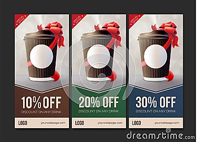 Coffee to Go Discount Vouchers. Coffee Ripple Cup with a Red Ribbon. Vector Illustration