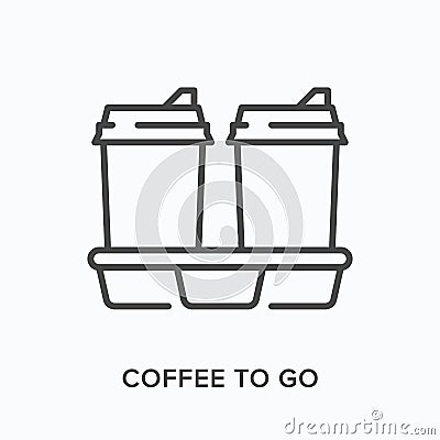 Coffee to go flat line icon. Vector outline illustration of two paper cup and cupholder . Black thin linear pictogram Vector Illustration