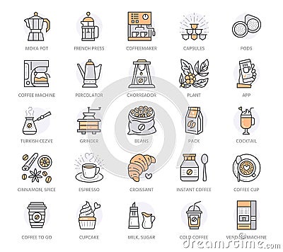 Coffee to go line icon set. Croissant, cupcake, coffeemaker, french press, espresso, turkish, cocktail minimal vector Vector Illustration