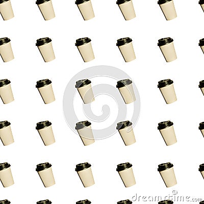 Coffee to go, seamless pattern made of photography. Kraft paper cups with black lids. Lifestyle concept Stock Photo