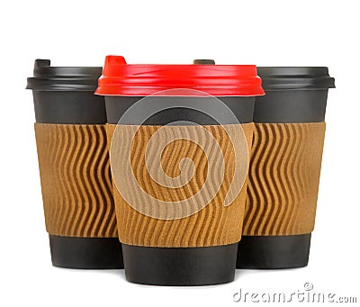 coffee to go. Several paper coffee cups on a white isolated background. Stock Photo