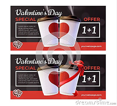 Coffee to Go Valentine`s Day Flyers Concept Vector Illustration