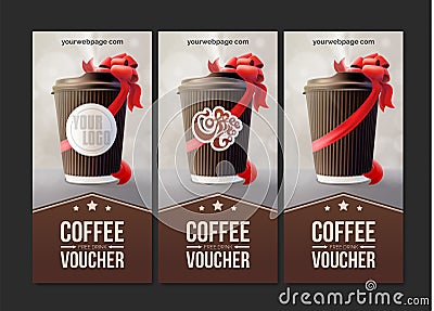 Coffee to Go Vouchers. Coffee Ripple Cup with a Red Ribbon. Vector EPS10 Vector Illustration