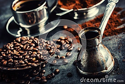 Coffee. Turkish coffee. Armenian Turkish coffee. Cezve and cup of coffee. Traditional serving coffee Stock Photo