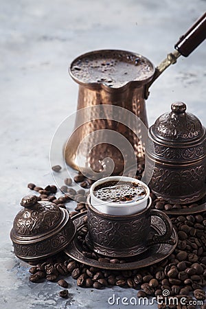 Coffee in Turkish style on marble background Stock Photo