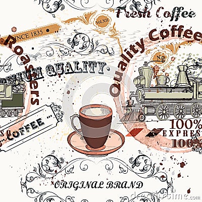 Coffee vector pattern in vintage style with labels, flourishes Stock Photo