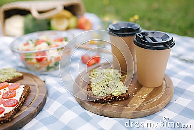 Coffee on vegan picnic. Fresh salad with vegan sanwich on blue checkered blanket in park Stock Photo