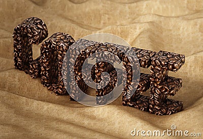 Coffee word consisting of roasted coffee beans standing on sack texture. 3D illustration Cartoon Illustration