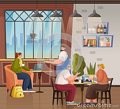 Coffeehouse with Visitors and Clients, Interior Vector Illustration