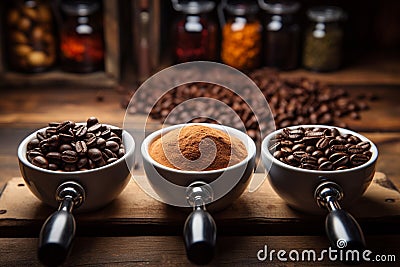 Coffees evolution on rustic wood raw beans, ground, cappuccino three distinct portafilters Stock Photo