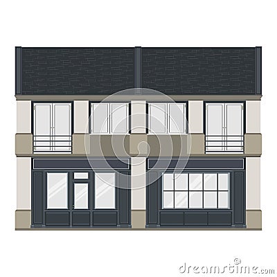 Coffeeshop facade front view with large windows. French old Building. European architecture Cartoon Illustration