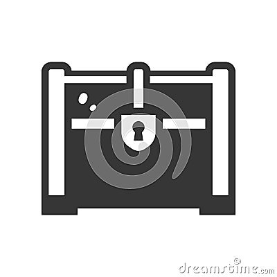 Coffer with lock bold black silhouette icon isolated on white. Treasure storage chest pictogram. Vector Illustration