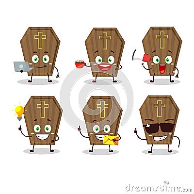 Coffin cartoon character with various types of business emoticons Vector Illustration