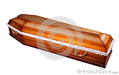 Coffin casket with brass handles Stock Photo