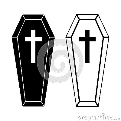 Coffin icons set. Wooden coffin black icon with cross. Coffin isolated symbol Cartoon Illustration