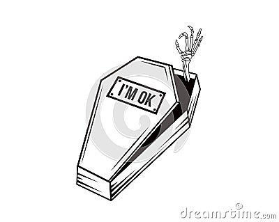 Coffin with skull. Skeleton hand showing gesture ok Vector Illustration