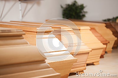 Coffins in shop of mortician Stock Photo