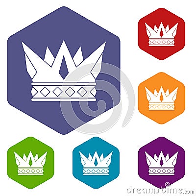 Cog crown icons set hexagon Vector Illustration