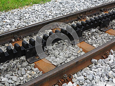 Cogwheel rail line detail Stock Photo