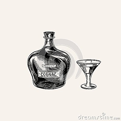 Cognac bottle and glass goblet. Engraved hand drawn vintage sketch. Woodcut style. Vector illustration. Vector Illustration