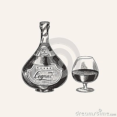 Cognac bottle and glass goblet. Engraved hand drawn vintage sketch. Woodcut style. Vector illustration. Vector Illustration