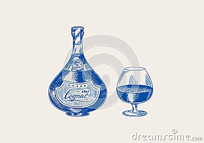 Cognac bottle and glass goblet. Engraved hand drawn vintage sketch. Woodcut style. Vector illustration. Vector Illustration