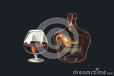 Cognac bottle and glass goblet. Engraved hand drawn vintage sketch. Woodcut style. Vector illustration. Vector Illustration