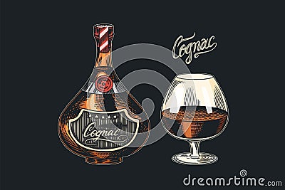 Cognac bottle and glass goblet. Engraved hand drawn vintage sketch. Woodcut style. Vector illustration. Vector Illustration