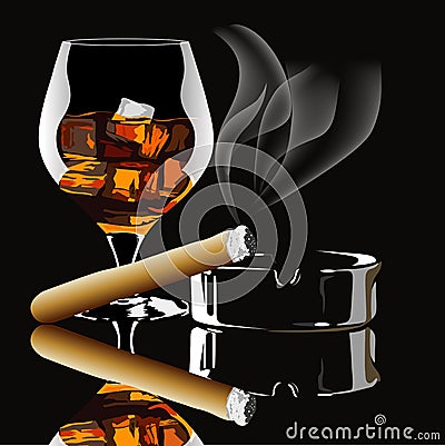 Cognac and cigar with smoke Vector Illustration