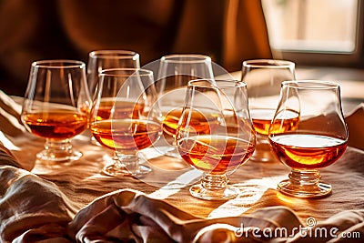 Cognac in glasses on blurred warm interior background Stock Photo