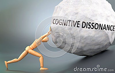 Cognitive dissonance and painful human condition, pictured as a wooden human figure pushing heavy weight to show how hard it can Cartoon Illustration