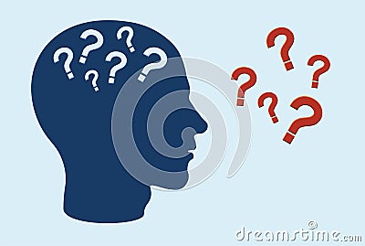 Cognitive function impairment concept. Side profile of human head with question marks Stock Photo