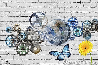 Cogs Earth Graffiti Sustainable Background Editorial Stock Photo