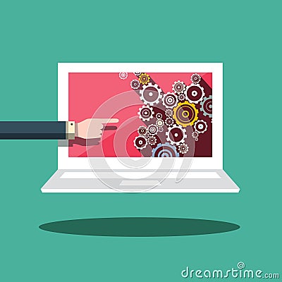 Cogs - Gears on Laptop Screen. Vector Illustration